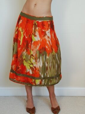 Vibrant Orange & Olive Abstract Print A-Line Skirt